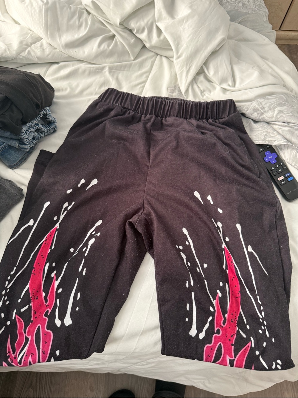 SHEIN Black Shorts with Pink Flame Print